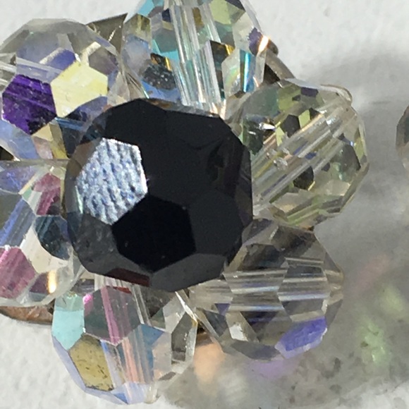 Vintage Clear AB Black Beaded Clip Earrings - Picture 6 of 8